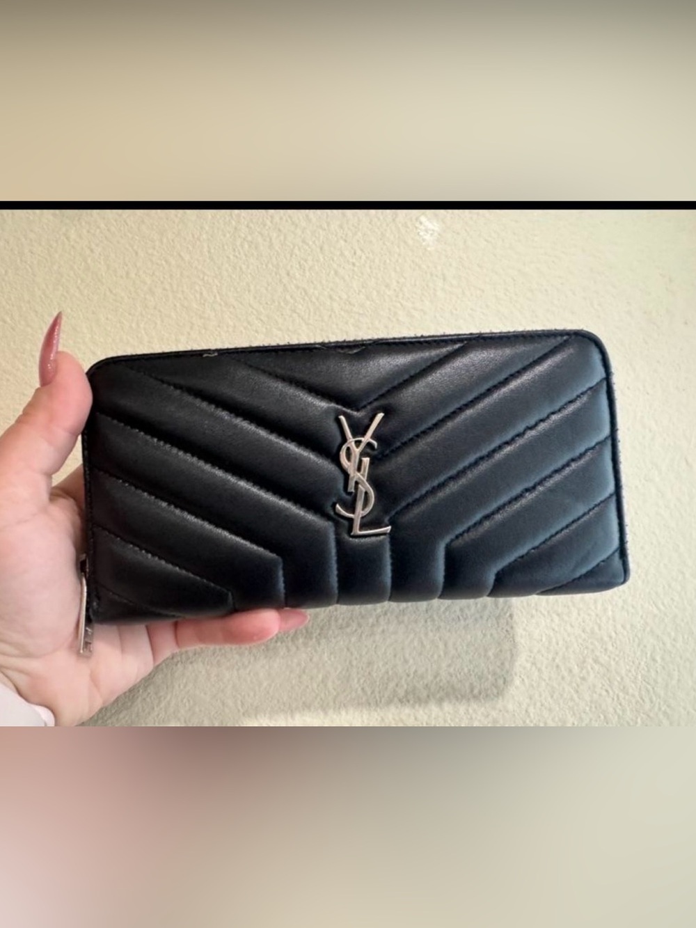 Saint Laurent Black Chevron Quilted Wallet with Silver YSL Emblem